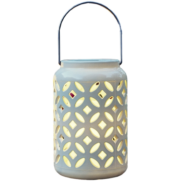 Pier 1 Small ceramic outdoor lantern with light white outside & green on inside - Picture 6 of 6